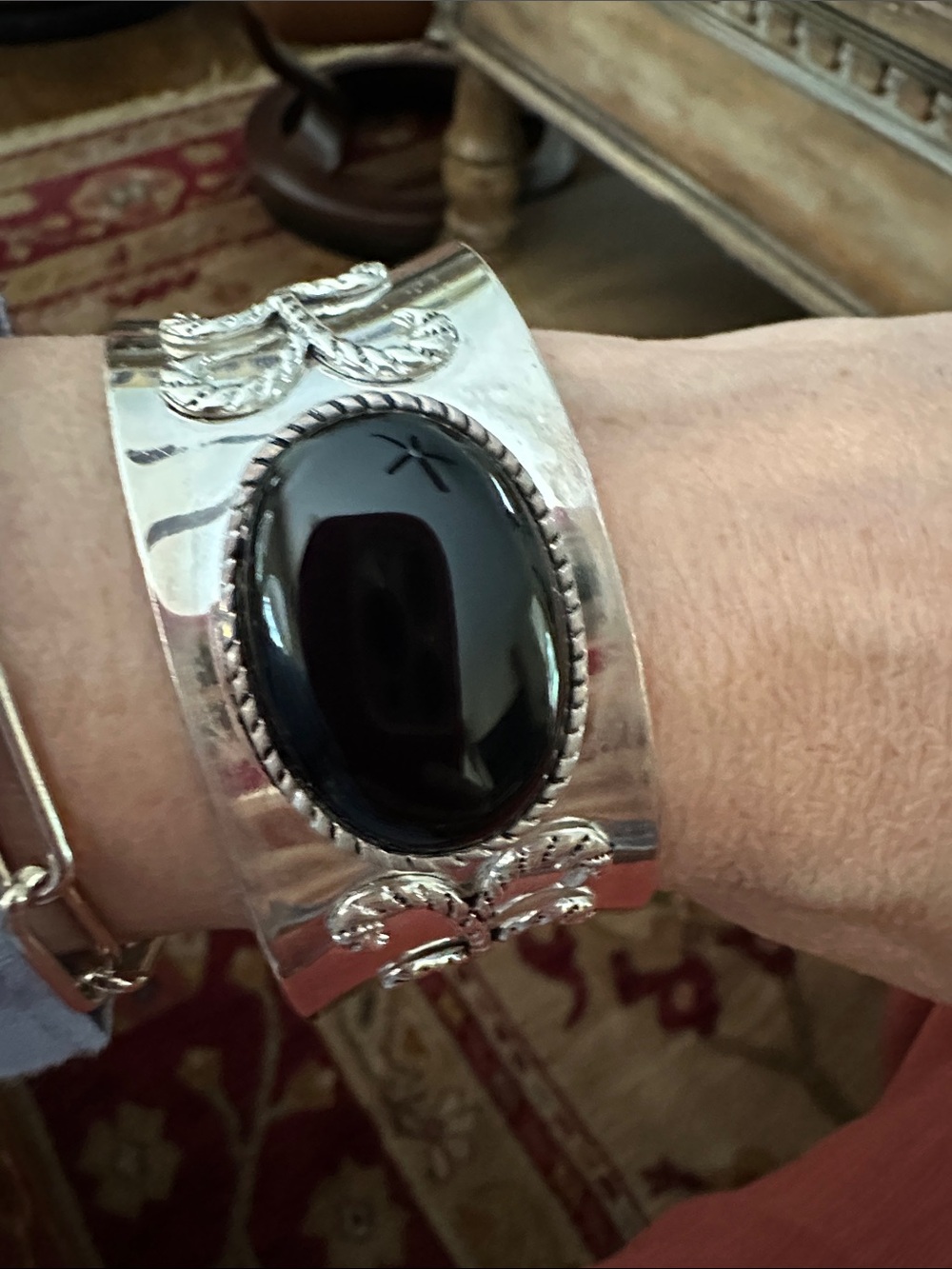Polished Sterling Cuff Bracelet with Black Oval Stone